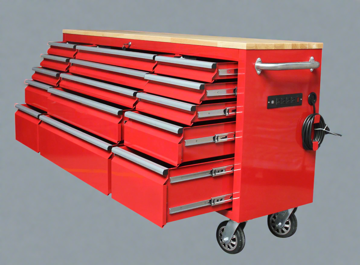 Red 6FT Rolling Tool Workbench with USB and Power Strip

Blue 15-Drawer Steel Workbench with Wheels

Gray Tool Cabinet with Power Outlets – 6FT

Purple Garage Tool Chest with USB Ports

Stainless Steel Heavy-Duty Tool Workbench