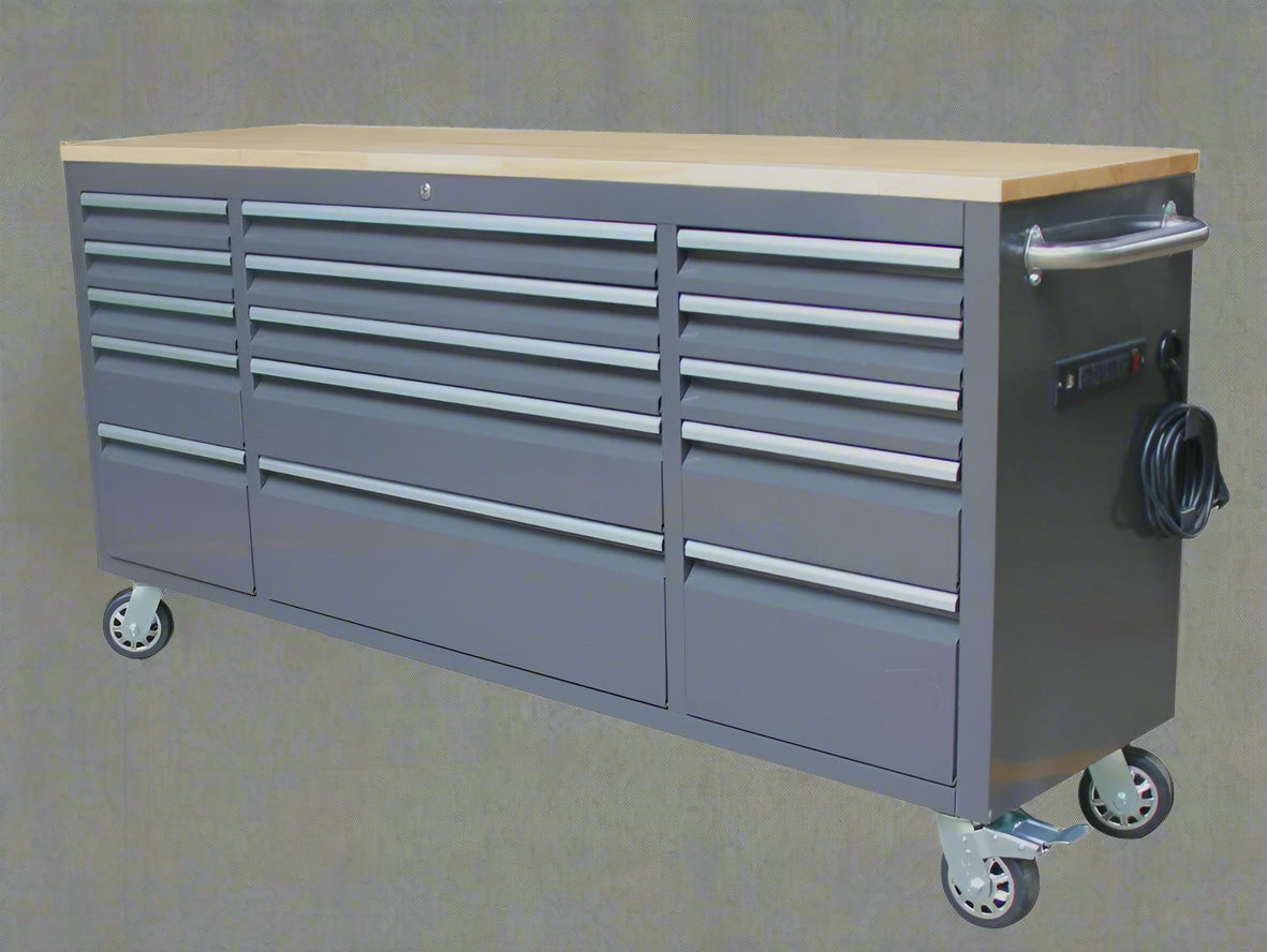 Red 6FT Rolling Tool Workbench with USB and Power Strip

Blue 15-Drawer Steel Workbench with Wheels

Gray Tool Cabinet with Power Outlets – 6FT

Purple Garage Tool Chest with USB Ports

Stainless Steel Heavy-Duty Tool Workbench