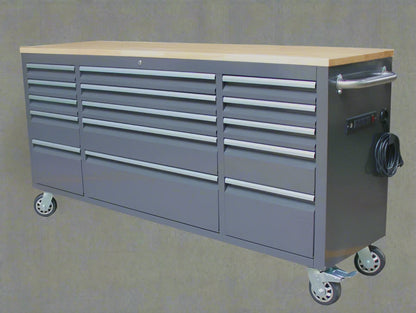 Red 6FT Rolling Tool Workbench with USB and Power Strip

Blue 15-Drawer Steel Workbench with Wheels

Gray Tool Cabinet with Power Outlets – 6FT

Purple Garage Tool Chest with USB Ports

Stainless Steel Heavy-Duty Tool Workbench