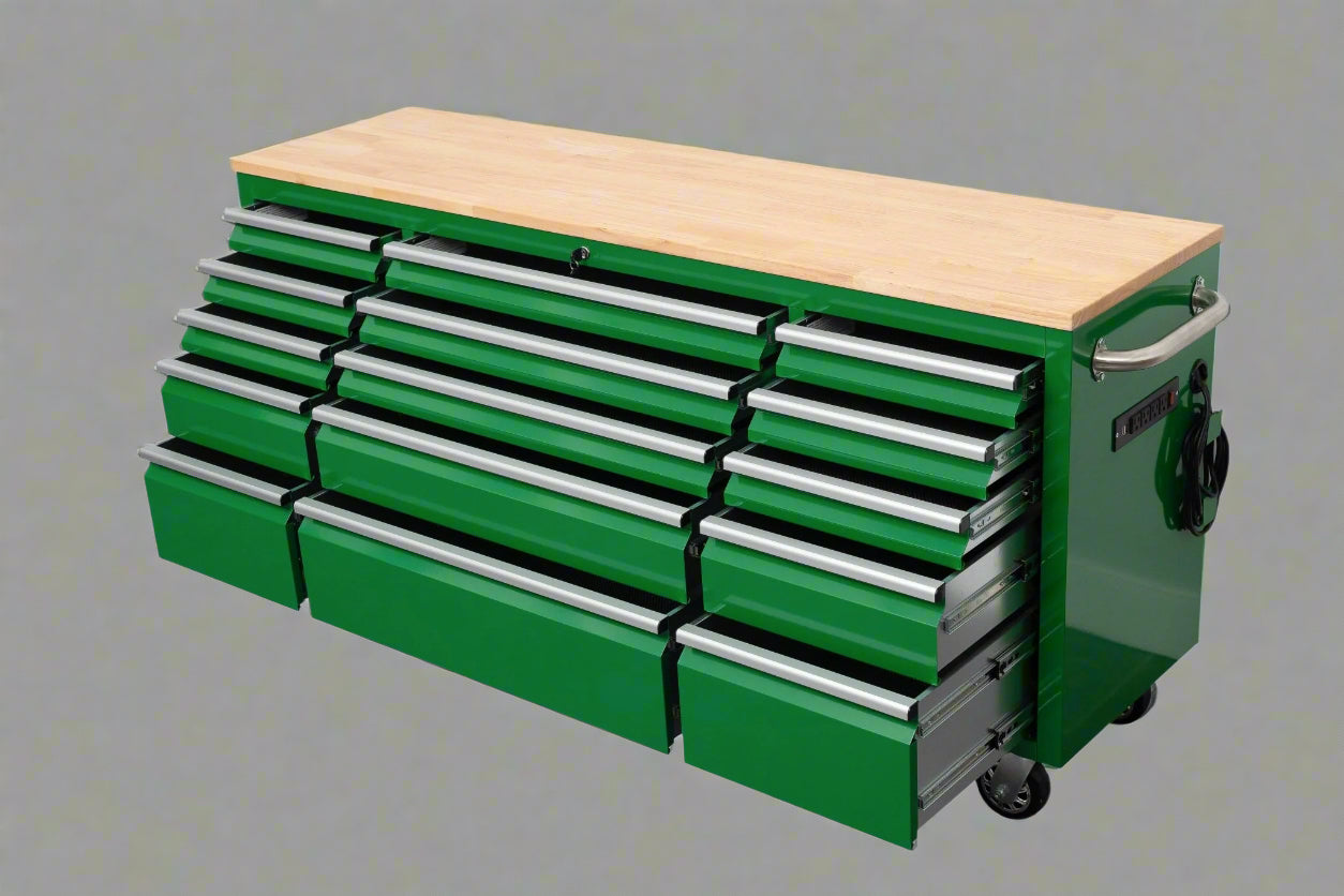 Red 6FT Rolling Tool Workbench with USB and Power Strip

Blue 15-Drawer Steel Workbench with Wheels

Gray Tool Cabinet with Power Outlets – 6FT

Purple Garage Tool Chest with USB Ports

Stainless Steel Heavy-Duty Tool Workbench