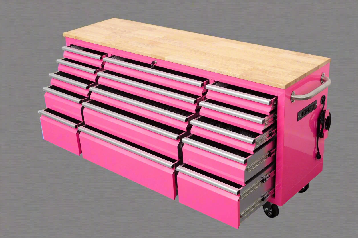 Red 6FT Rolling Tool Workbench with USB and Power Strip

Blue 15-Drawer Steel Workbench with Wheels

Gray Tool Cabinet with Power Outlets – 6FT

Purple Garage Tool Chest with USB Ports

Stainless Steel Heavy-Duty Tool Workbench