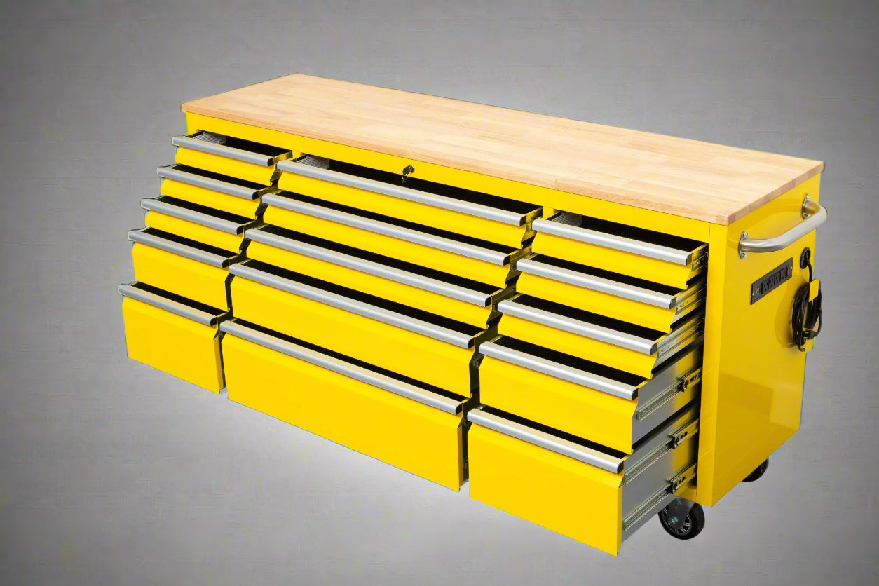 Red 6FT Rolling Tool Workbench with USB and Power Strip

Blue 15-Drawer Steel Workbench with Wheels

Gray Tool Cabinet with Power Outlets – 6FT

Purple Garage Tool Chest with USB Ports

Stainless Steel Heavy-Duty Tool Workbench