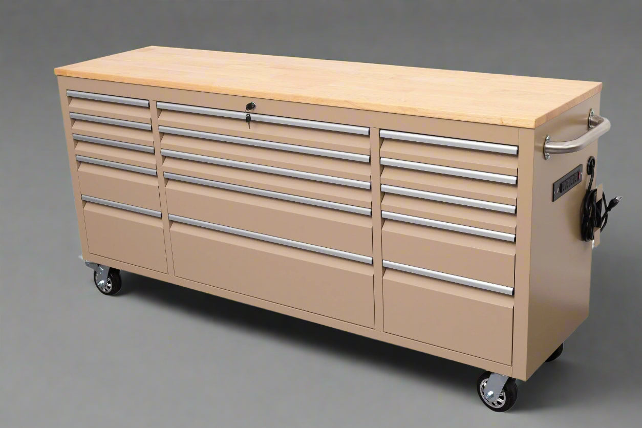 Red 6FT Rolling Tool Workbench with USB and Power Strip

Blue 15-Drawer Steel Workbench with Wheels

Gray Tool Cabinet with Power Outlets – 6FT

Purple Garage Tool Chest with USB Ports

Stainless Steel Heavy-Duty Tool Workbench