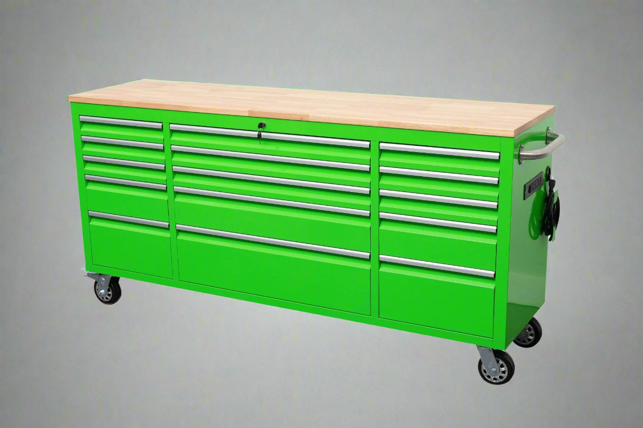 Red 6FT Rolling Tool Workbench with USB and Power Strip

Blue 15-Drawer Steel Workbench with Wheels

Gray Tool Cabinet with Power Outlets – 6FT

Purple Garage Tool Chest with USB Ports

Stainless Steel Heavy-Duty Tool Workbench