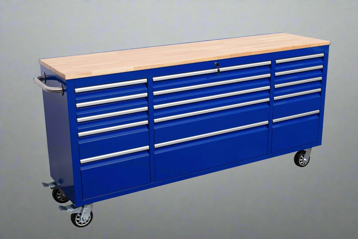 Red 6FT Rolling Tool Workbench with USB and Power Strip

Blue 15-Drawer Steel Workbench with Wheels

Gray Tool Cabinet with Power Outlets – 6FT

Purple Garage Tool Chest with USB Ports

Stainless Steel Heavy-Duty Tool Workbench