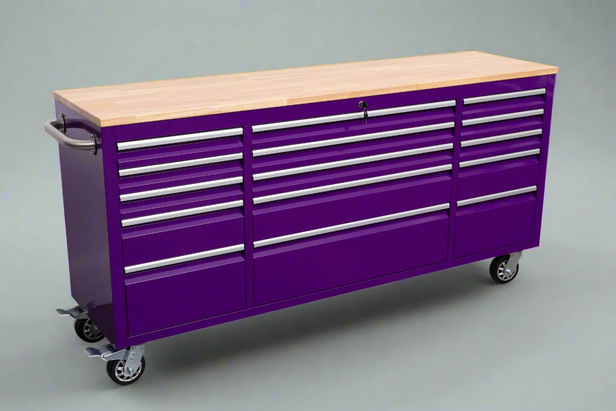 Red 6FT Rolling Tool Workbench with USB and Power Strip

Blue 15-Drawer Steel Workbench with Wheels

Gray Tool Cabinet with Power Outlets – 6FT

Purple Garage Tool Chest with USB Ports

Stainless Steel Heavy-Duty Tool Workbench