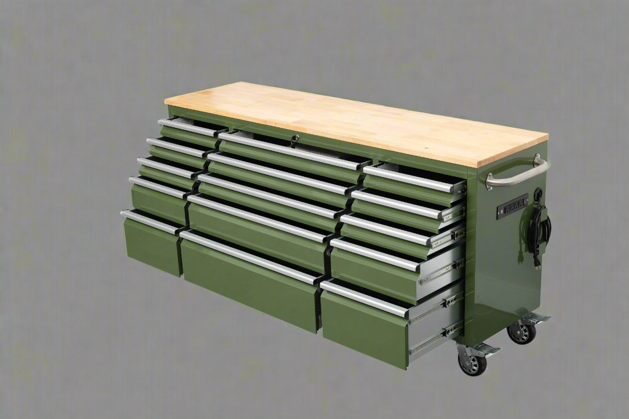 Red 6FT Rolling Tool Workbench with USB and Power Strip

Blue 15-Drawer Steel Workbench with Wheels

Gray Tool Cabinet with Power Outlets – 6FT

Purple Garage Tool Chest with USB Ports

Stainless Steel Heavy-Duty Tool Workbench