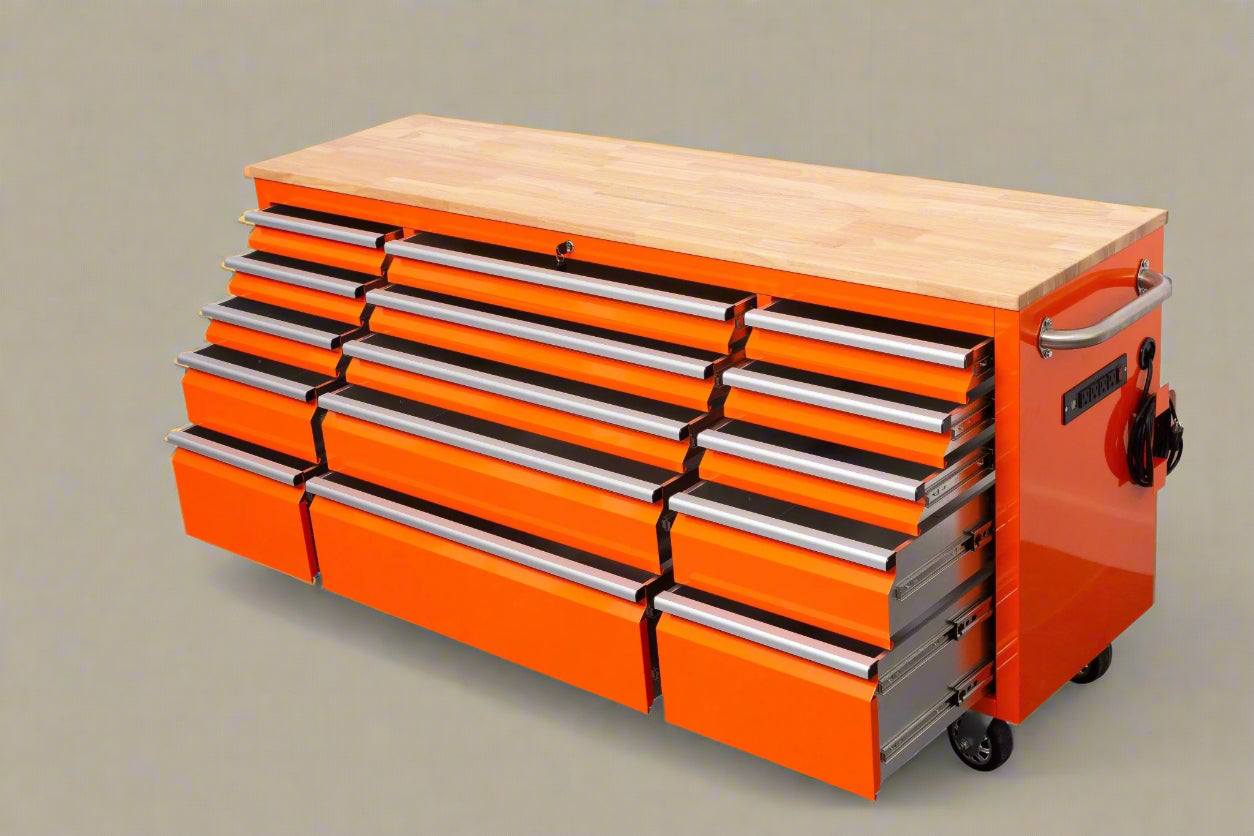 Red 6FT Rolling Tool Workbench with USB and Power Strip

Blue 15-Drawer Steel Workbench with Wheels

Gray Tool Cabinet with Power Outlets – 6FT

Purple Garage Tool Chest with USB Ports

Stainless Steel Heavy-Duty Tool Workbench