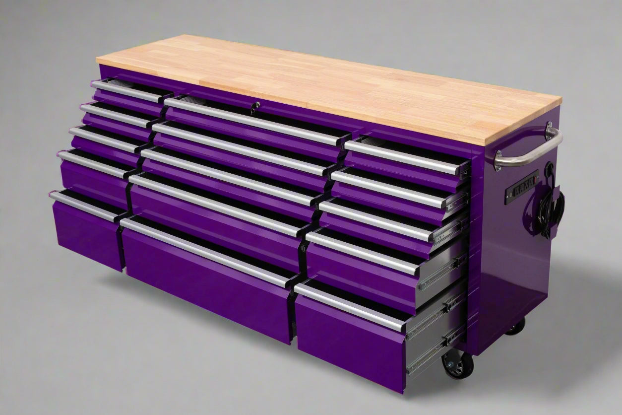 Red 6FT Rolling Tool Workbench with USB and Power Strip

Blue 15-Drawer Steel Workbench with Wheels

Gray Tool Cabinet with Power Outlets – 6FT

Purple Garage Tool Chest with USB Ports

Stainless Steel Heavy-Duty Tool Workbench
