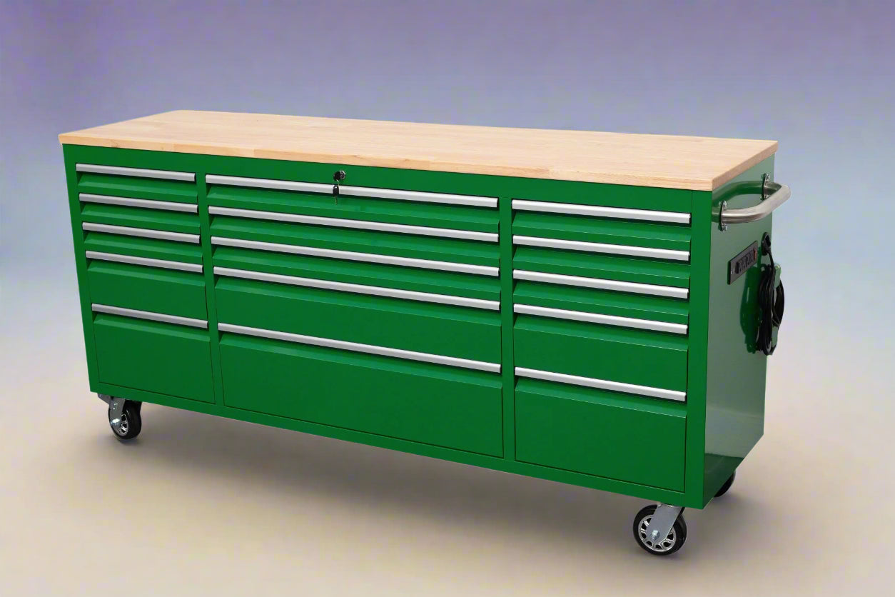 Red 6FT Rolling Tool Workbench with USB and Power Strip

Blue 15-Drawer Steel Workbench with Wheels

Gray Tool Cabinet with Power Outlets – 6FT

Purple Garage Tool Chest with USB Ports

Stainless Steel Heavy-Duty Tool Workbench