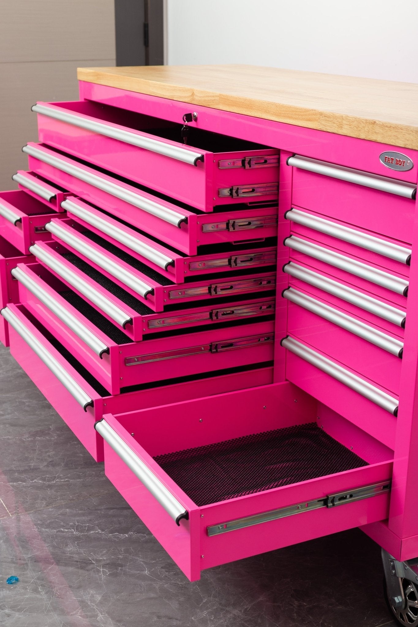 6 FT 17 DRAWER FATBOY TOOL BENCH WORKBENCH WITH POWER & USB - with Neon Pink | Sold by Uncle Wiener's Wholesale