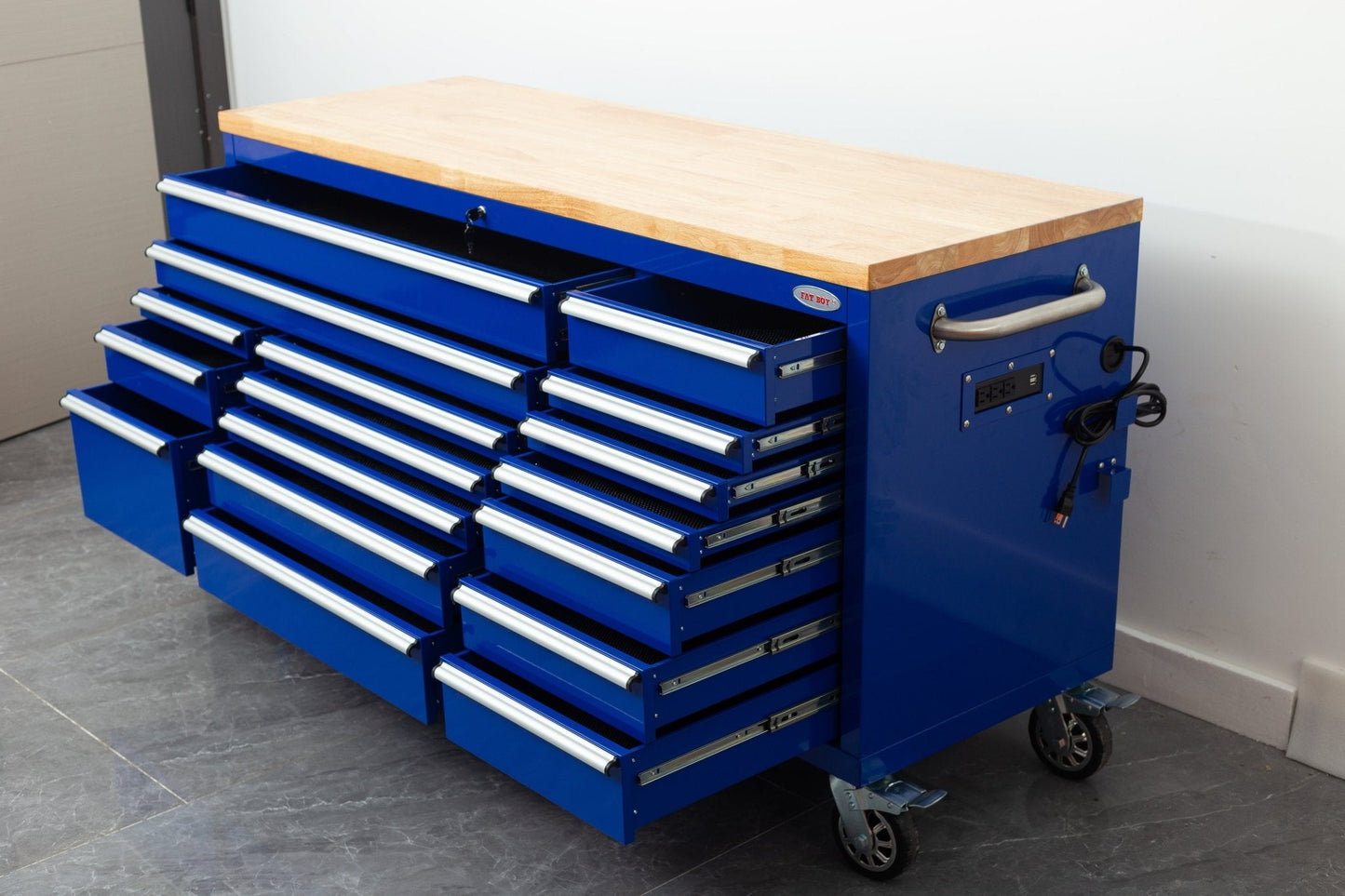 6 FT 17 DRAWER FATBOY TOOL BENCH WORKBENCH WITH POWER & USB - with Dark Blue (NH Blue) | Sold by Uncle Wiener's Wholesale