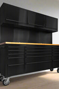 Black 6 FT Stainless Steel Tool Bench with Wood Top and Upper Cabinets