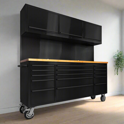Black 6 FT Stainless Steel Tool Bench with Wood Top and Upper Cabinets
