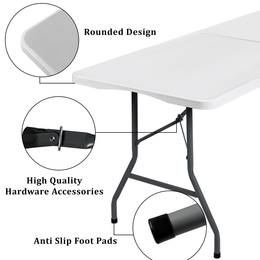 6 Ft Bi-Fold Folding Table – Side View
Folding Utility Table with Handle – Outdoor Use
Heavy-Duty Folding Table – Collapsed for Storage
Plastic Bi-Fold Table – Metal Frame Detail
Event and Office Folding Table – 6 Foot Size