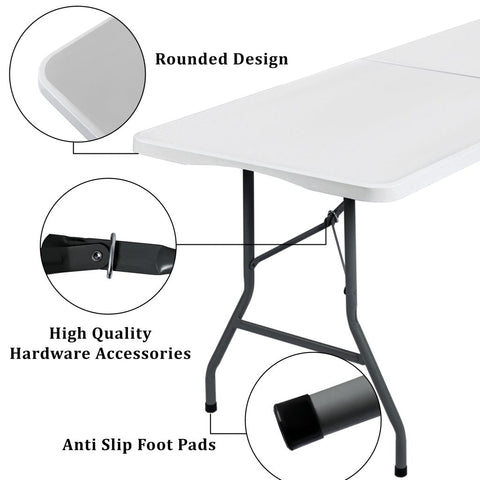 6 Ft Bi-Fold Folding Table – Side View
Folding Utility Table with Handle – Outdoor Use
Heavy-Duty Folding Table – Collapsed for Storage
Plastic Bi-Fold Table – Metal Frame Detail
Event and Office Folding Table – 6 Foot Size