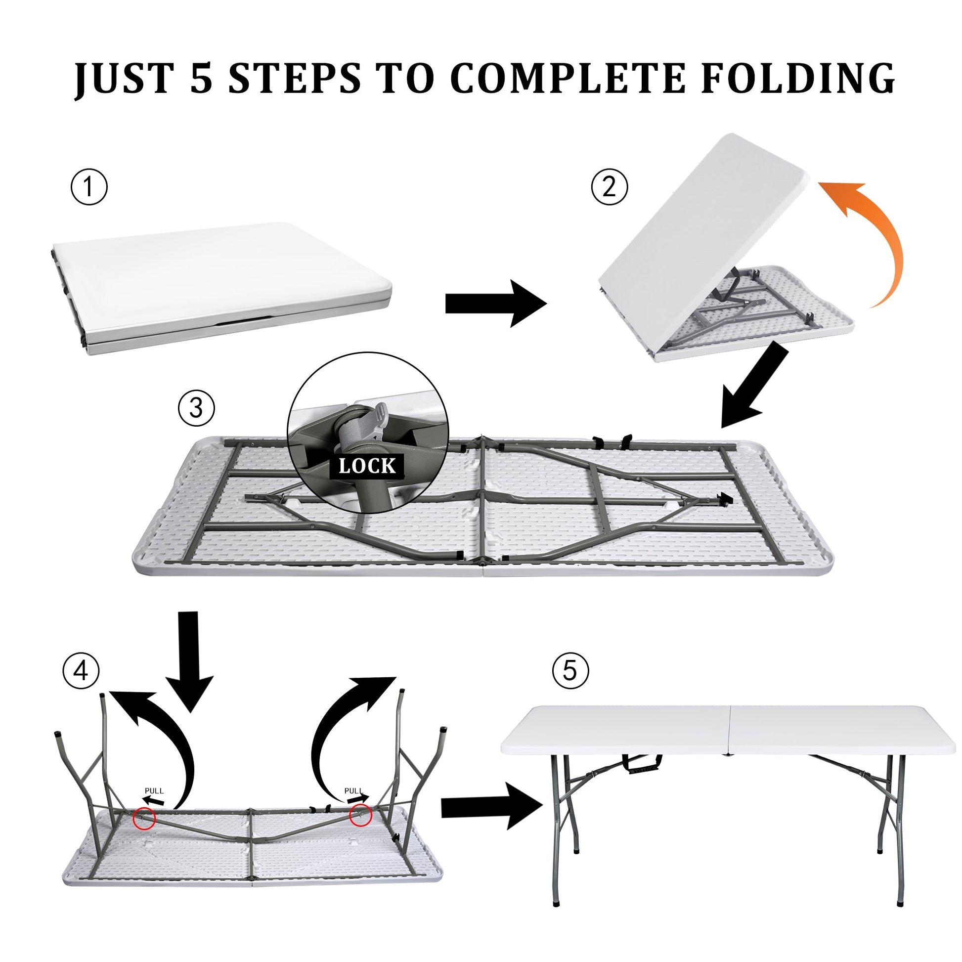 6 Ft Bi-Fold Folding Table – Side View
Folding Utility Table with Handle – Outdoor Use
Heavy-Duty Folding Table – Collapsed for Storage
Plastic Bi-Fold Table – Metal Frame Detail
Event and Office Folding Table – 6 Foot Size