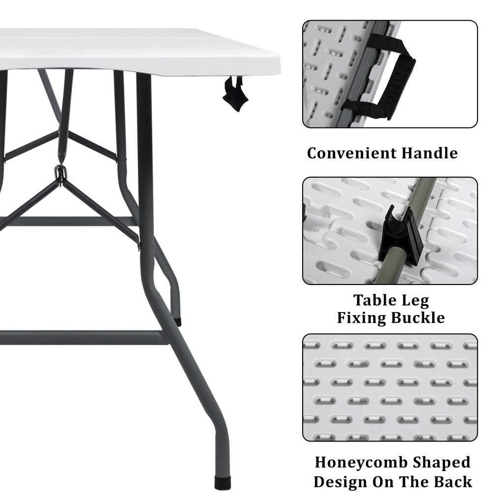 6 Ft Bi-Fold Folding Table – Side View
Folding Utility Table with Handle – Outdoor Use
Heavy-Duty Folding Table – Collapsed for Storage
Plastic Bi-Fold Table – Metal Frame Detail
Event and Office Folding Table – 6 Foot Size
