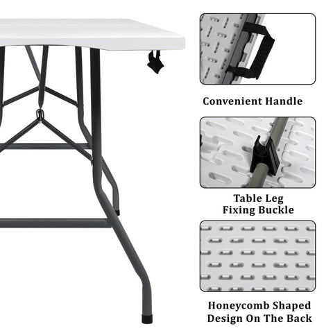 6 Ft Bi-Fold Folding Table – Side View
Folding Utility Table with Handle – Outdoor Use
Heavy-Duty Folding Table – Collapsed for Storage
Plastic Bi-Fold Table – Metal Frame Detail
Event and Office Folding Table – 6 Foot Size