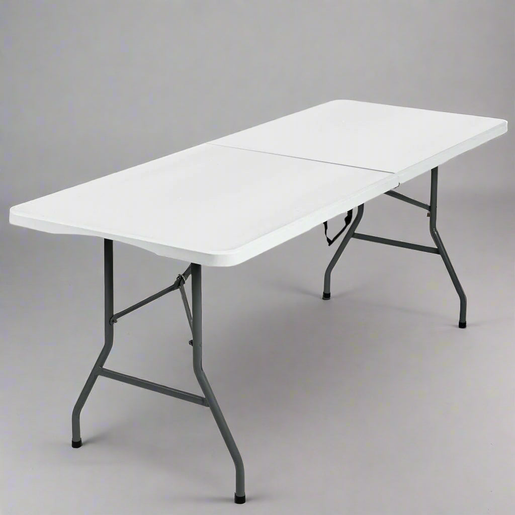 6 Ft Bi-Fold Folding Table – Side View
Folding Utility Table with Handle – Outdoor Use
Heavy-Duty Folding Table – Collapsed for Storage
Plastic Bi-Fold Table – Metal Frame Detail
Event and Office Folding Table – 6 Foot Size