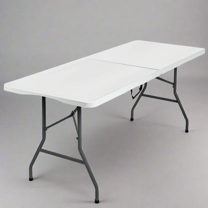 6 Ft Bi-Fold Folding Table – Side View
Folding Utility Table with Handle – Outdoor Use
Heavy-Duty Folding Table – Collapsed for Storage
Plastic Bi-Fold Table – Metal Frame Detail
Event and Office Folding Table – 6 Foot Size