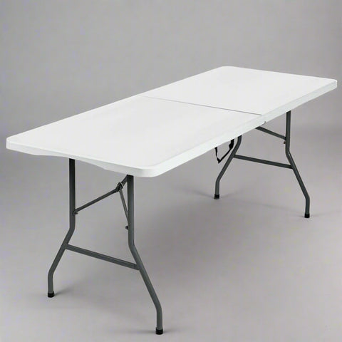 6 Ft Bi-Fold Folding Table – Side View
Folding Utility Table with Handle – Outdoor Use
Heavy-Duty Folding Table – Collapsed for Storage
Plastic Bi-Fold Table – Metal Frame Detail
Event and Office Folding Table – 6 Foot Size