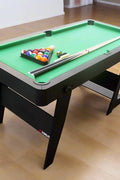 6 ft green folding pool table with cues
Portable billiards table folded for storage
Full pool table setup with accessories
Side view of collapsible pool table legs
Complete pool table kit with balls and rack