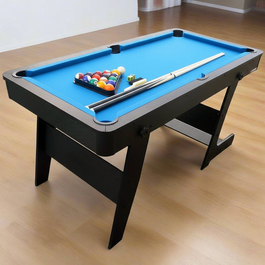 6 ft green folding pool table with cues
Portable billiards table folded for storage
Full pool table setup with accessories
Side view of collapsible pool table legs
Complete pool table kit with balls and rack