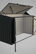 “Compact 6 ft black lean-to garden shed for small backyards”

“Side view of black metal storage shed with hinged door”

“Inside view of lean-to shed showing steel panel structure”

“Close-up of door latch and frame design”