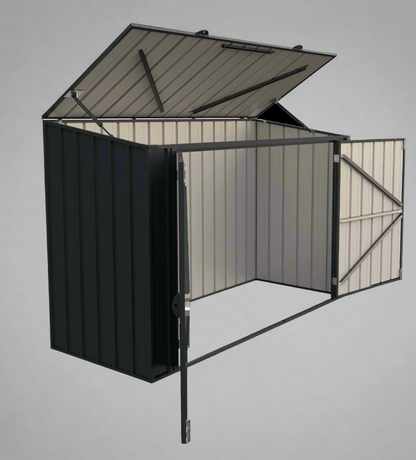 “Compact 6 ft black lean-to garden shed for small backyards”

“Side view of black metal storage shed with hinged door”

“Inside view of lean-to shed showing steel panel structure”

“Close-up of door latch and frame design”