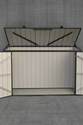 “Compact 6 ft black lean-to garden shed for small backyards”

“Side view of black metal storage shed with hinged door”

“Inside view of lean-to shed showing steel panel structure”

“Close-up of door latch and frame design”