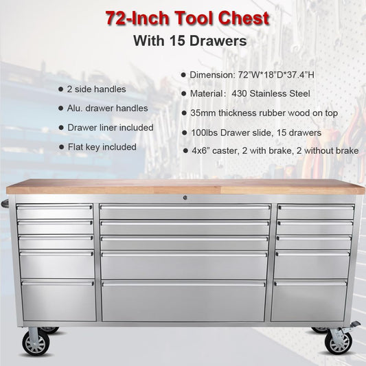 6 FT STAINLESS STEEL 15 DRAWER TOOL BENCH HTC7215W - with | Sold by Uncle Wiener's Wholesale