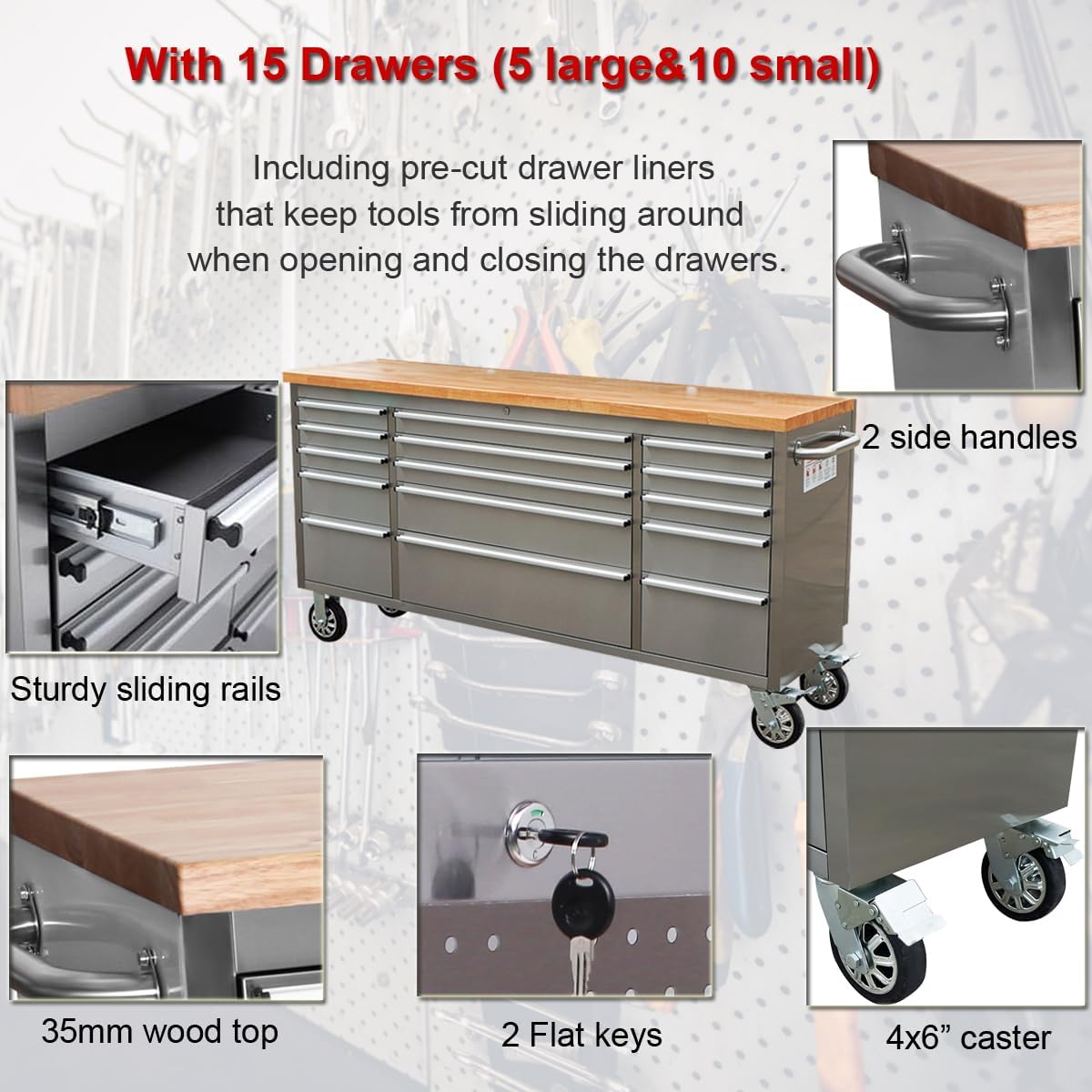 6 FT STAINLESS STEEL 15 DRAWER TOOL BENCH HTC7215W - with | Sold by Uncle Wiener's Wholesale