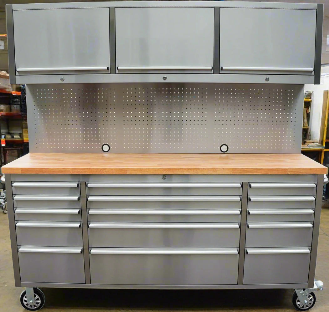 6 FT Stainless Steel Tool Bench – Front View
HTC7218W Workstation with Upper Cabinets
18-Drawer Industrial Tool Storage Bench
Stainless Tool Bench with Hardwood Top
Mobile Stainless Workbench with Lockable Casters