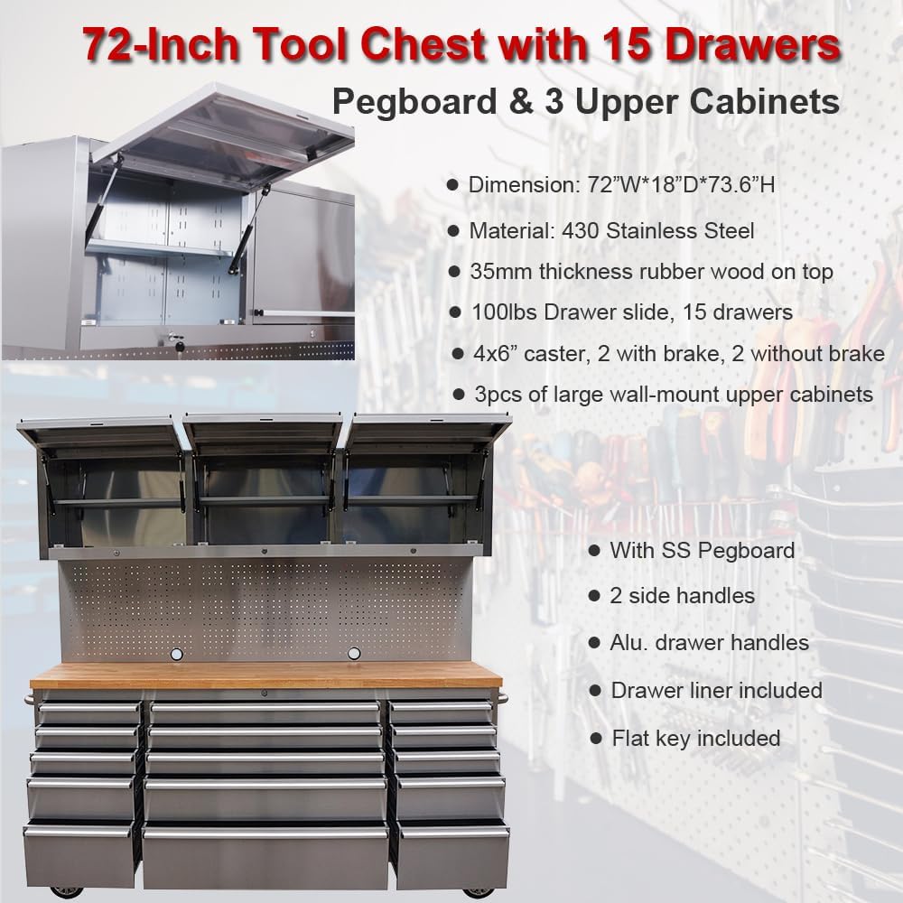 6 FT Stainless Steel Tool Bench – Front View
HTC7218W Workstation with Upper Cabinets
18-Drawer Industrial Tool Storage Bench
Stainless Tool Bench with Hardwood Top
Mobile Stainless Workbench with Lockable Casters