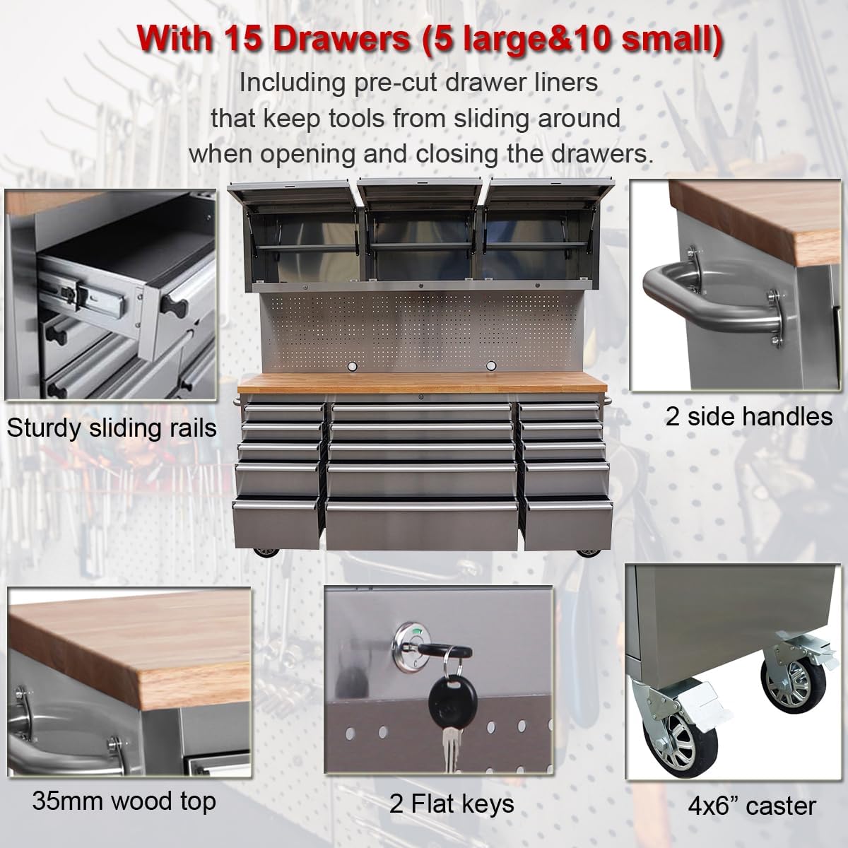 6 FT Stainless Steel Tool Bench – Front View
HTC7218W Workstation with Upper Cabinets
18-Drawer Industrial Tool Storage Bench
Stainless Tool Bench with Hardwood Top
Mobile Stainless Workbench with Lockable Casters