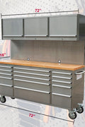 6 FT Stainless Steel Tool Bench – Front View
HTC7218W Workstation with Upper Cabinets
18-Drawer Industrial Tool Storage Bench
Stainless Tool Bench with Hardwood Top
Mobile Stainless Workbench with Lockable Casters