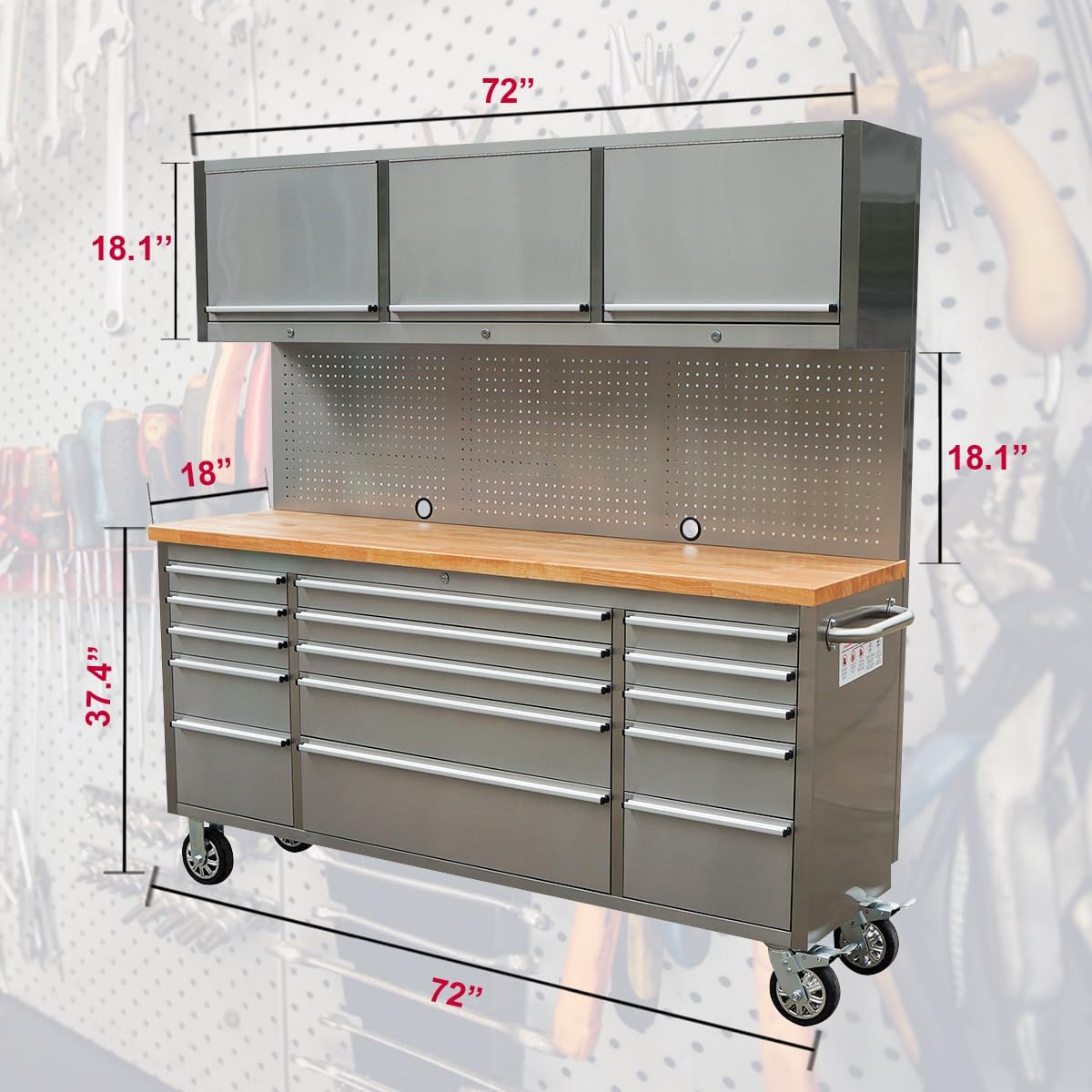 6 FT Stainless Steel Tool Bench – Front View
HTC7218W Workstation with Upper Cabinets
18-Drawer Industrial Tool Storage Bench
Stainless Tool Bench with Hardwood Top
Mobile Stainless Workbench with Lockable Casters