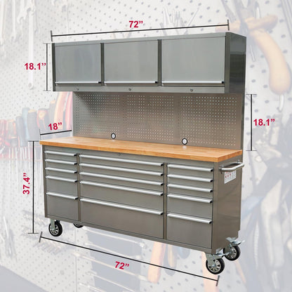 6 FT Stainless Steel Tool Bench – Front View
HTC7218W Workstation with Upper Cabinets
18-Drawer Industrial Tool Storage Bench
Stainless Tool Bench with Hardwood Top
Mobile Stainless Workbench with Lockable Casters