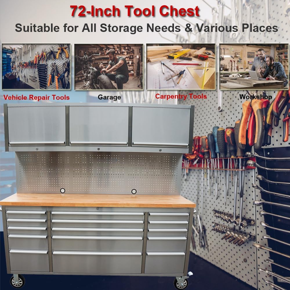 6 FT Stainless Steel Tool Bench – Front View
HTC7218W Workstation with Upper Cabinets
18-Drawer Industrial Tool Storage Bench
Stainless Tool Bench with Hardwood Top
Mobile Stainless Workbench with Lockable Casters