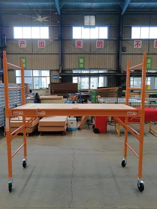 6 FT steel scaffolding unit front view

Adjustable yellow steel scaffold with caster wheels

Platform scaffold in warehouse environment