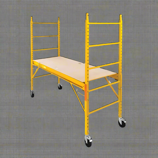 6 FT steel scaffolding unit front view

Adjustable yellow steel scaffold with caster wheels

Platform scaffold in warehouse environment