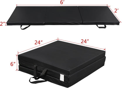 Foldable 6x2 Ft Black Yoga Gym Mat

Tri-Fold Compact Exercise Mat Side View

Closed Tri-Fold Fitness Mat for Storage

Yoga Mat Folded in Black EPE Foam

Portable Mat with Carry Handles