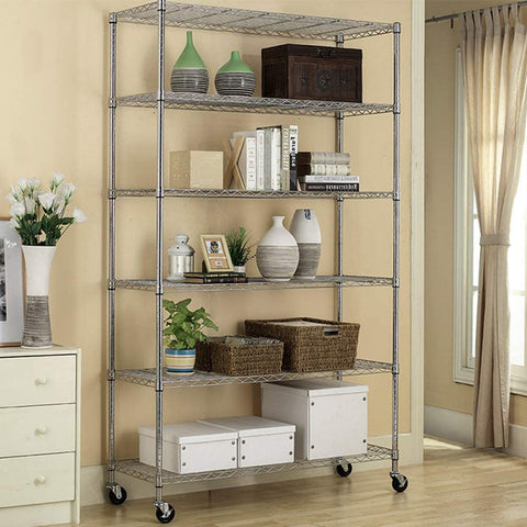 New 6 - Layer Adjustable Chrome Wire Shelving Rack – Heavy Duty Metal Storage Organizer WS776 - with | Sold by Uncle Wiener's Wholesale