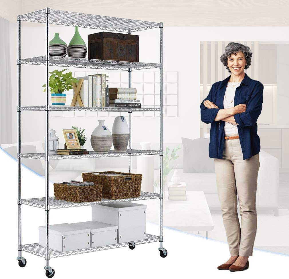 New 6 - Layer Adjustable Chrome Wire Shelving Rack – Heavy Duty Metal Storage Organizer WS776 - with | Sold by Uncle Wiener's Wholesale