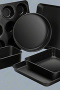 Overhead of full 6-piece non-stick baking set

Close-up of muffin tin with non-stick carbon steel texture

Side-by-side comparison of pan thickness and quality

Set displayed stacked for compact storage

Bakeware in oven with baked items (if applicable)
