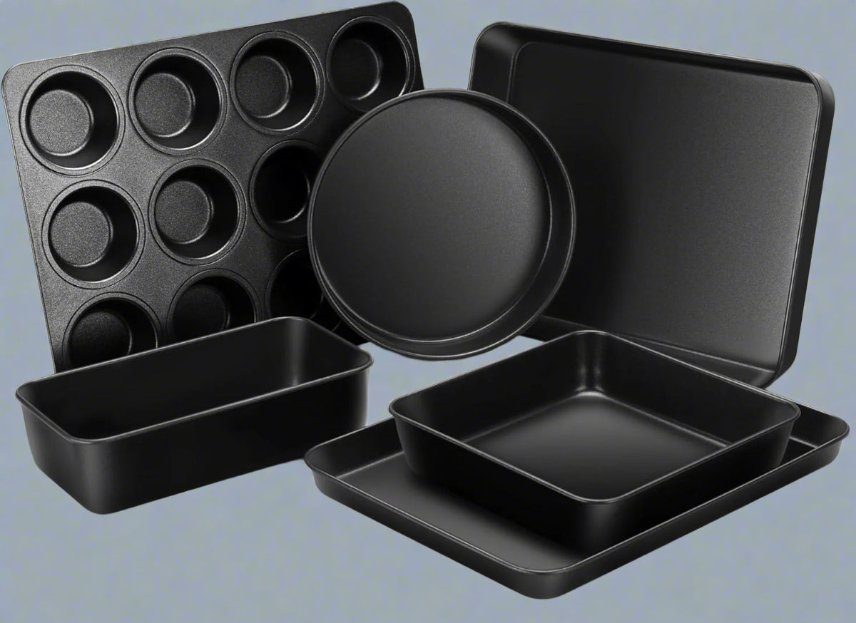 Overhead of full 6-piece non-stick baking set

Close-up of muffin tin with non-stick carbon steel texture

Side-by-side comparison of pan thickness and quality

Set displayed stacked for compact storage

Bakeware in oven with baked items (if applicable)