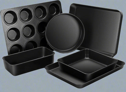 Overhead of full 6-piece non-stick baking set

Close-up of muffin tin with non-stick carbon steel texture

Side-by-side comparison of pan thickness and quality

Set displayed stacked for compact storage

Bakeware in oven with baked items (if applicable)