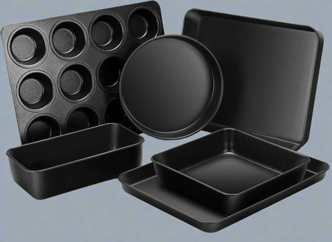 Overhead of full 6-piece non-stick baking set

Close-up of muffin tin with non-stick carbon steel texture

Side-by-side comparison of pan thickness and quality

Set displayed stacked for compact storage

Bakeware in oven with baked items (if applicable)