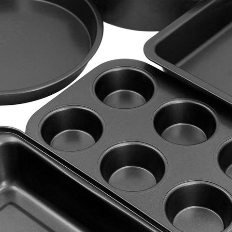 Overhead of full 6-piece non-stick baking set

Close-up of muffin tin with non-stick carbon steel texture

Side-by-side comparison of pan thickness and quality

Set displayed stacked for compact storage

Bakeware in oven with baked items (if applicable)